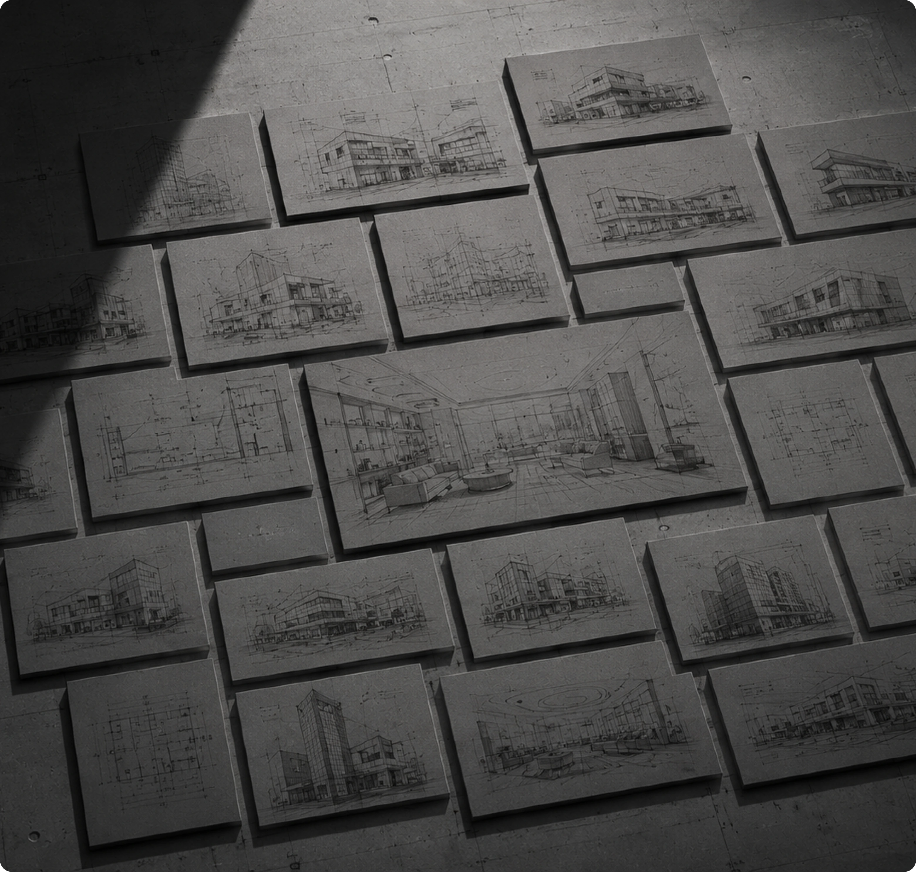 Architectural boards and sketches on a studio wall